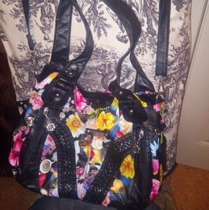 Angel Kiss soft shoulder strap purse in floral with black trim